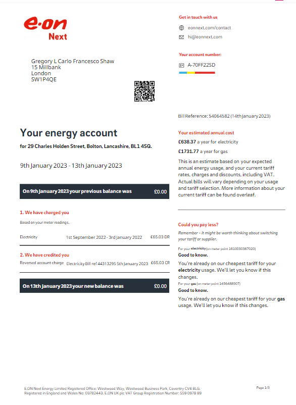 UNITED KINGDOM E ON utility bill Word and PDF template